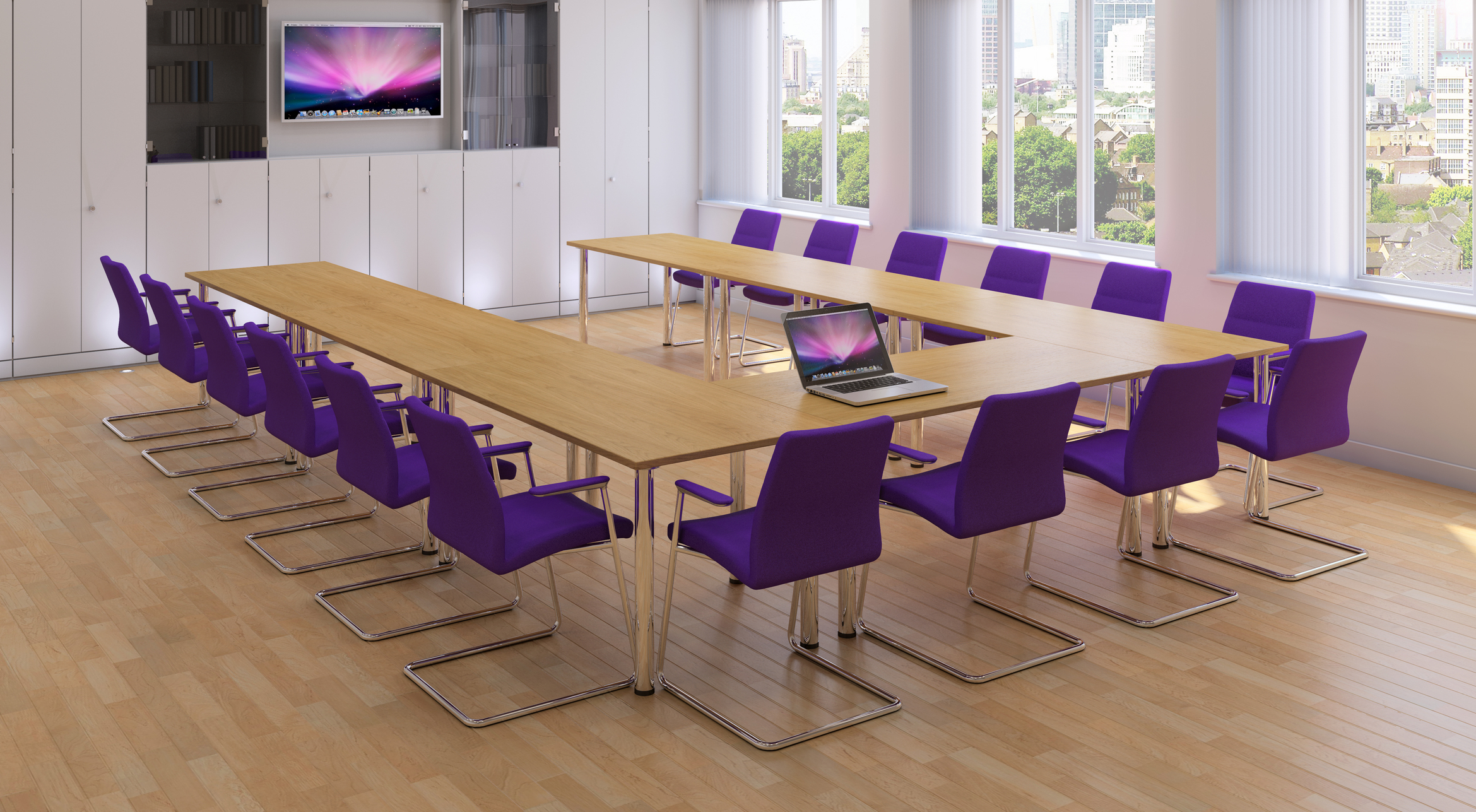 Modular meeting tables purple chairs